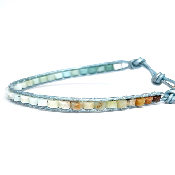 Boho Amazonite Blue  heishi amazonite, natural leather, silver 