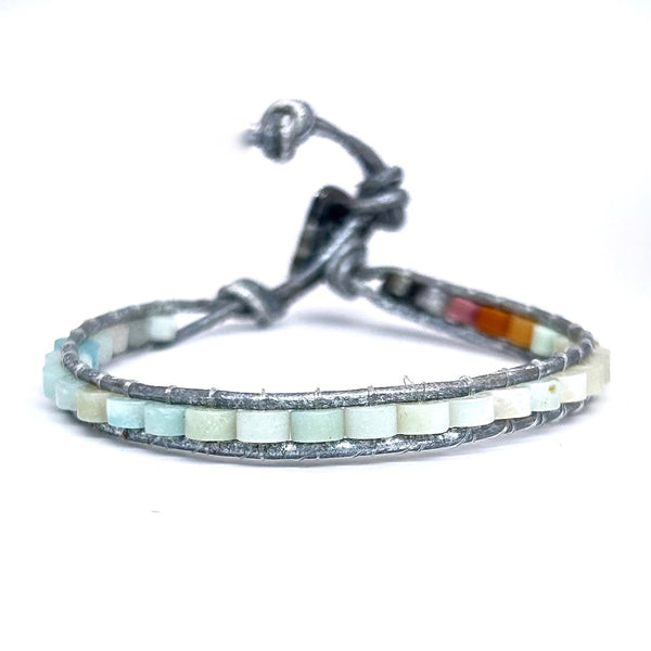 Boho Amazonite Grey  heishi amazonite natura l leather silver 